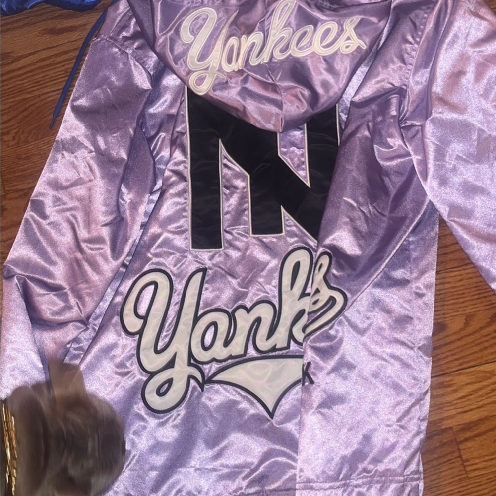 Lavender never worn jacket with printing on hood, women’s size small
